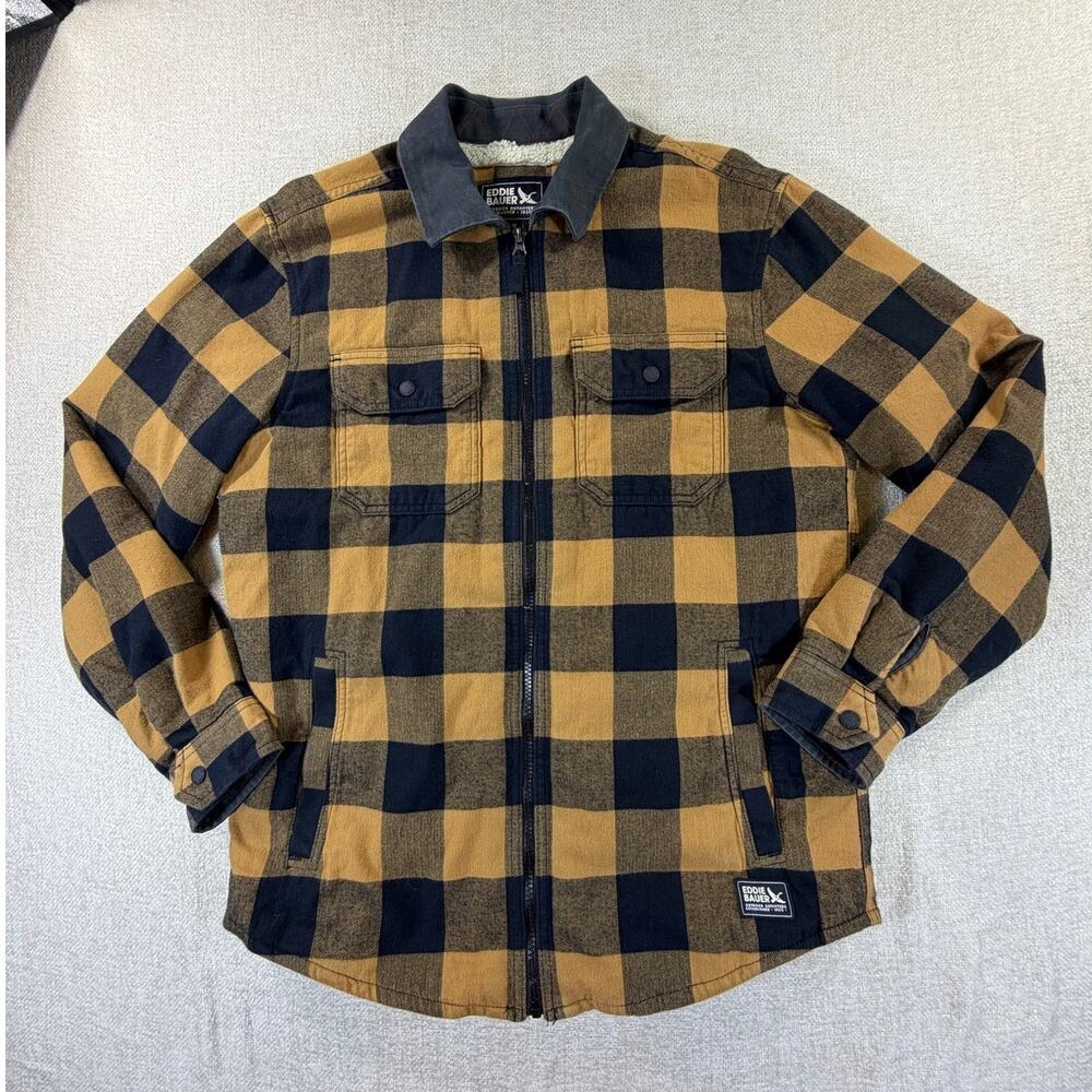 Eddie Bauer Men's Medium Tan Black Plaid Sherpa Lined Full Zip Shacket Jacket